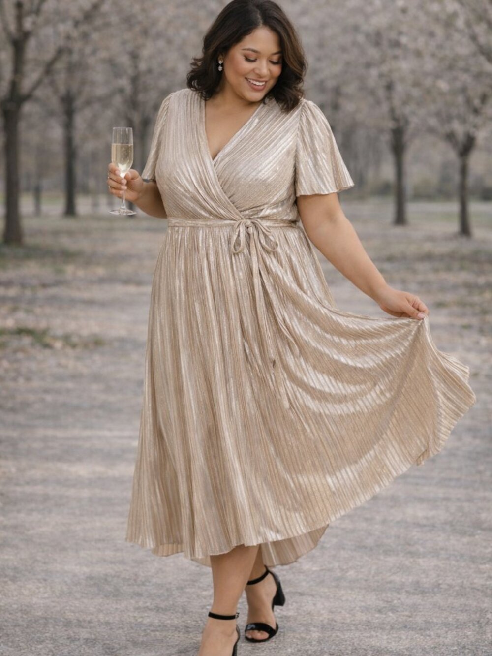 Lane Bryant Metallic High Low Dress Champagne Gold Silver Flutter Sleeve